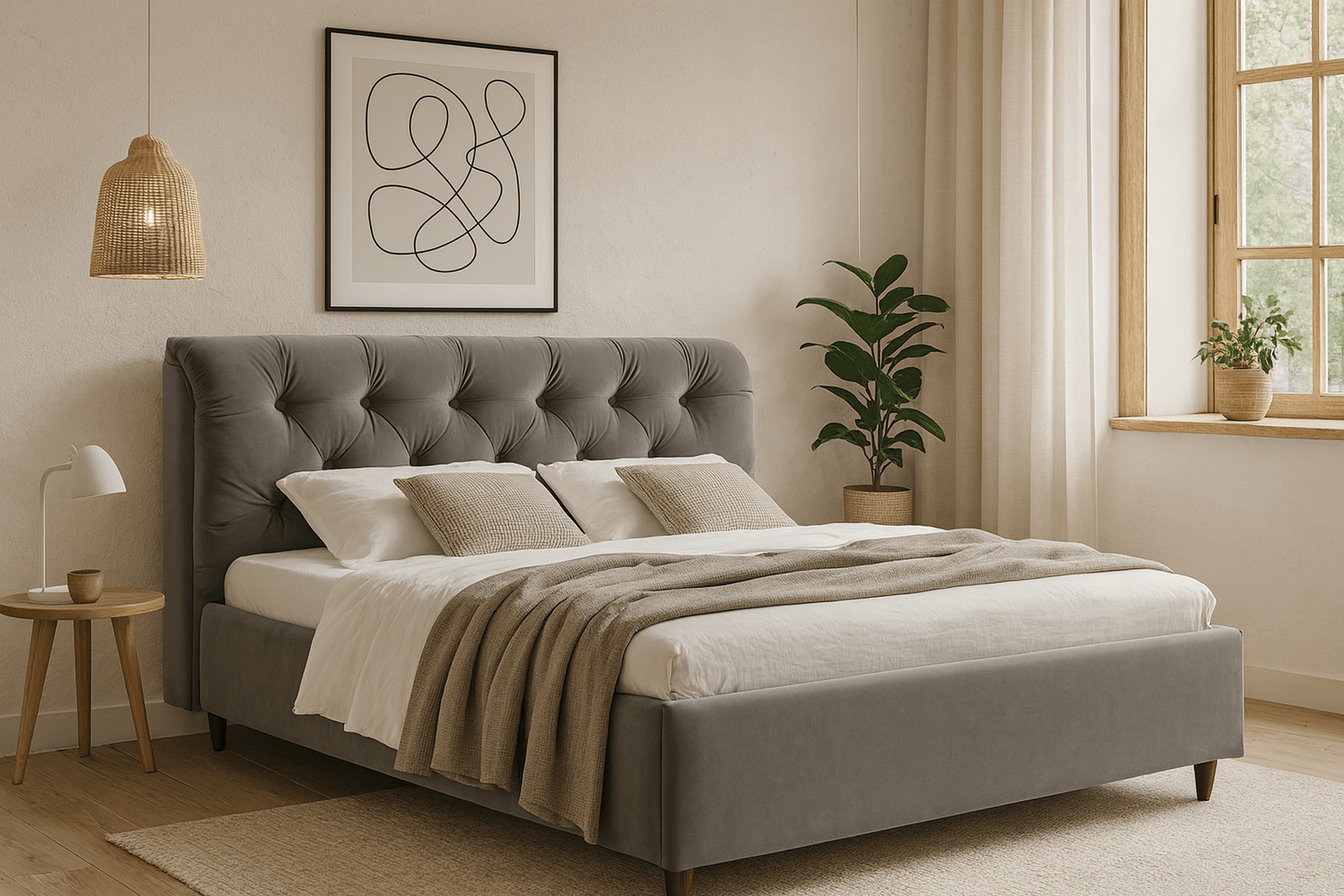Мягкое изголовье кровати в светлой easy-clean ткани